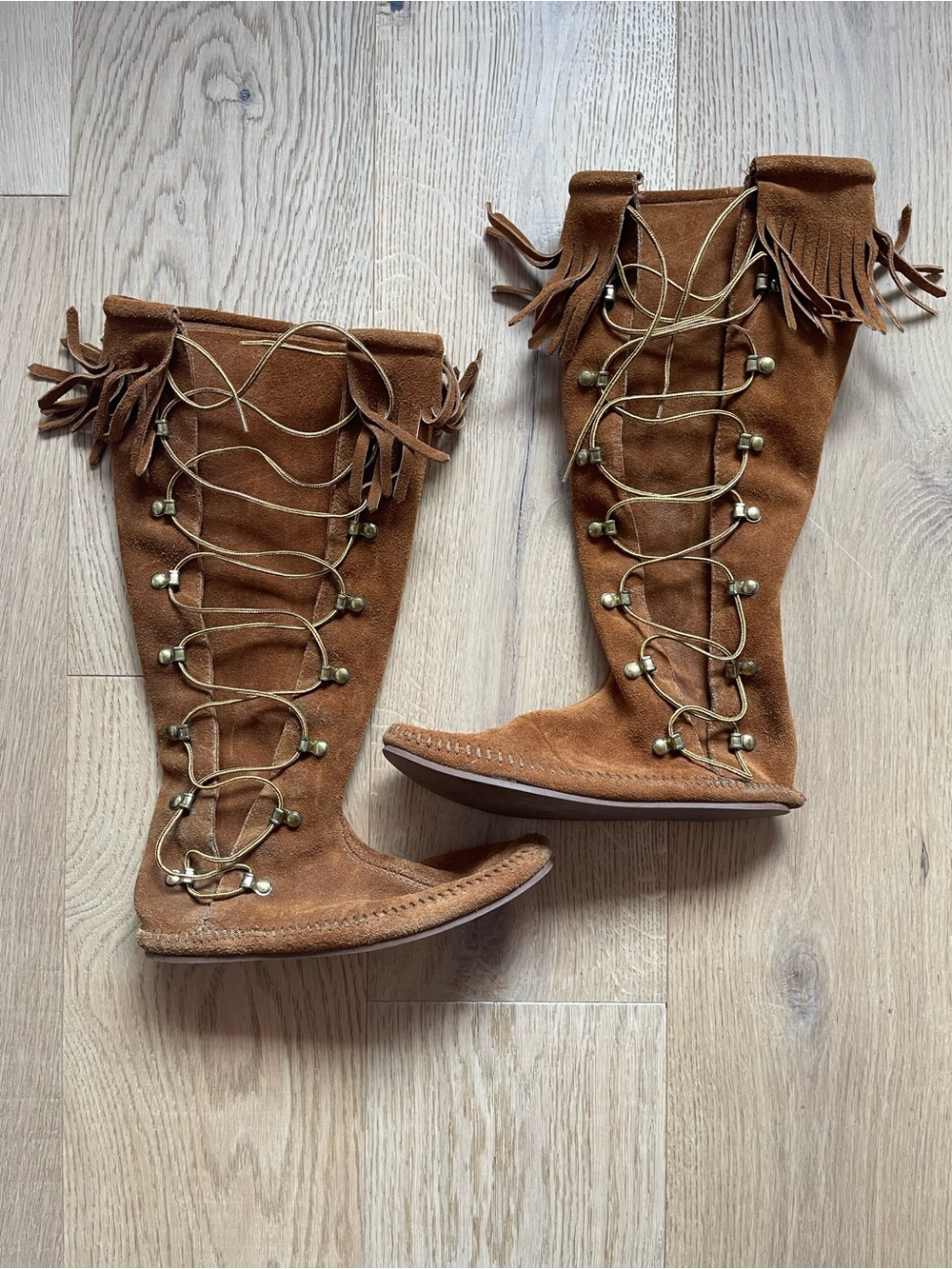 Minnetonka Chestnut Suede Fringe Knee-High Lace Up Boots